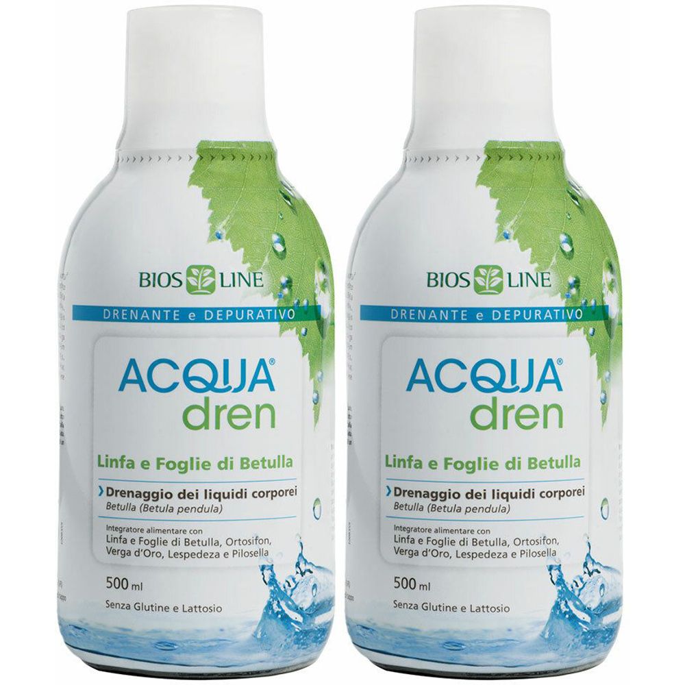 Due bottiglie BIOS LINE Acqua dren. Bottiglie bianche con foglie verdi e liquido blu. Testo: Drenante e Depurativo, Acqua dren.