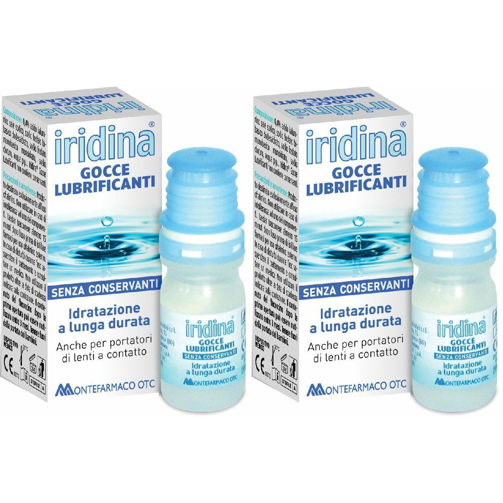 Due confezioni e flaconi. Scritta: Iridina Gocce Lubrificanti. Tappi blu, flaconi bianchi. Confezione con testo.