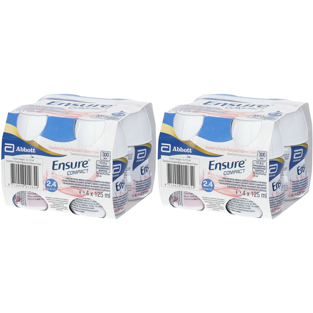 Due confezioni Ensure Compact. Ogni confezione contiene quattro bottiglie. Scritta: Abbott, Ensure Compact, 4x125 ml.