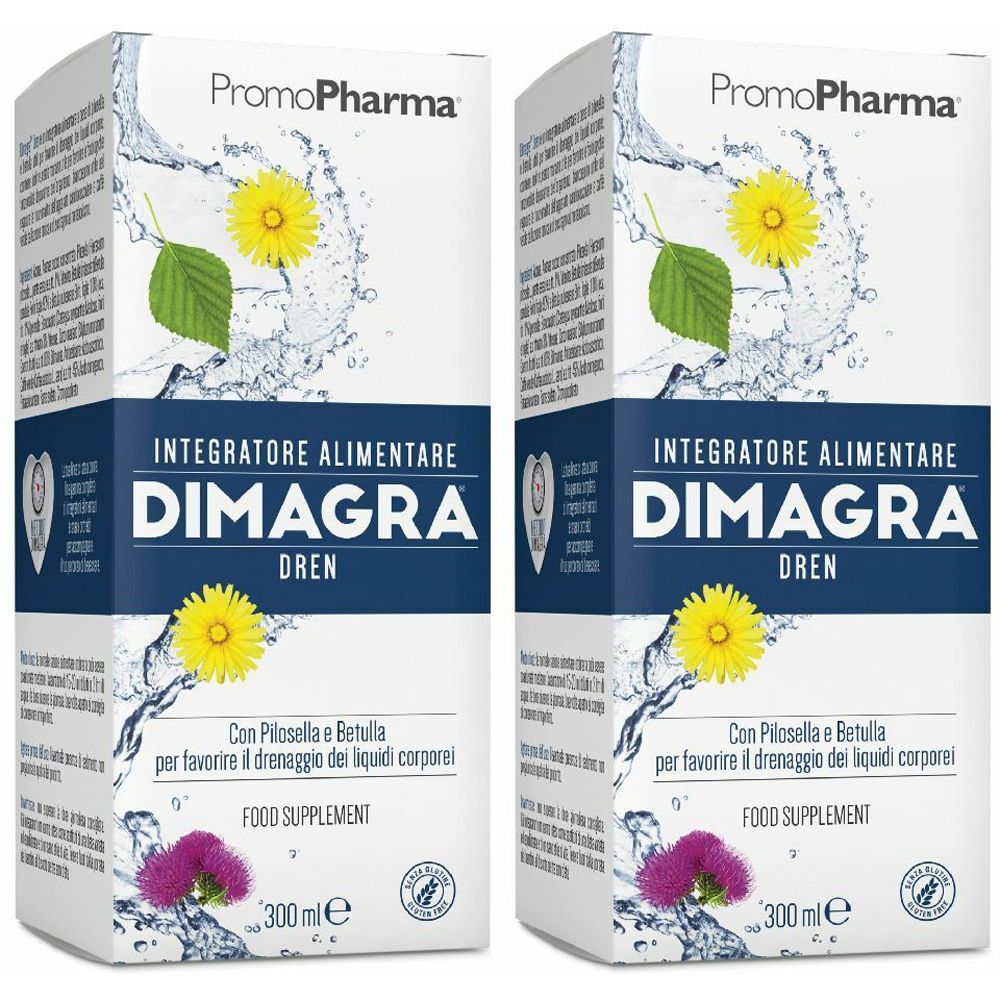 Due confezioni "DIMAGRA DREN". Illustrazioni floreali e fogliame. Marchio "PromoPharma". Integratore alimentare, 300 ml.