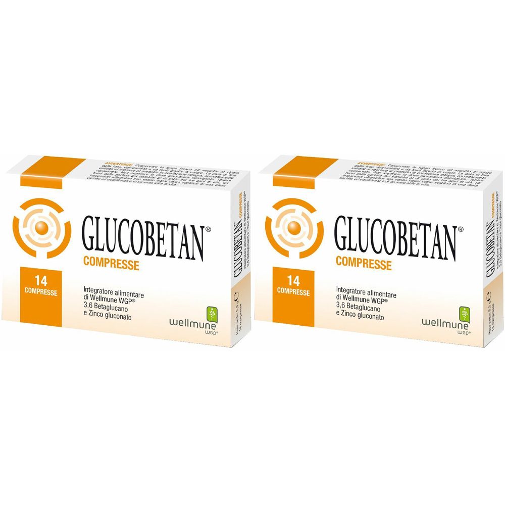 Due scatole bianche con il nome del prodotto GLUCOBETAN® Compresse. Ogni scatola riporta "14 Compresse".