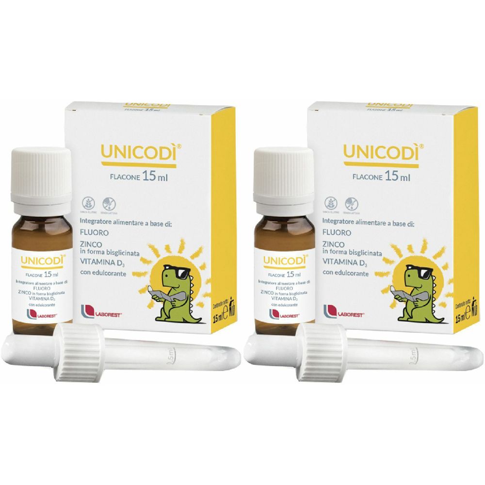 Due flaconi con tappo bianco e due scatole con sfondo giallo. Scritta: Unicodì, Flacone 15 ml. Con due pipette.