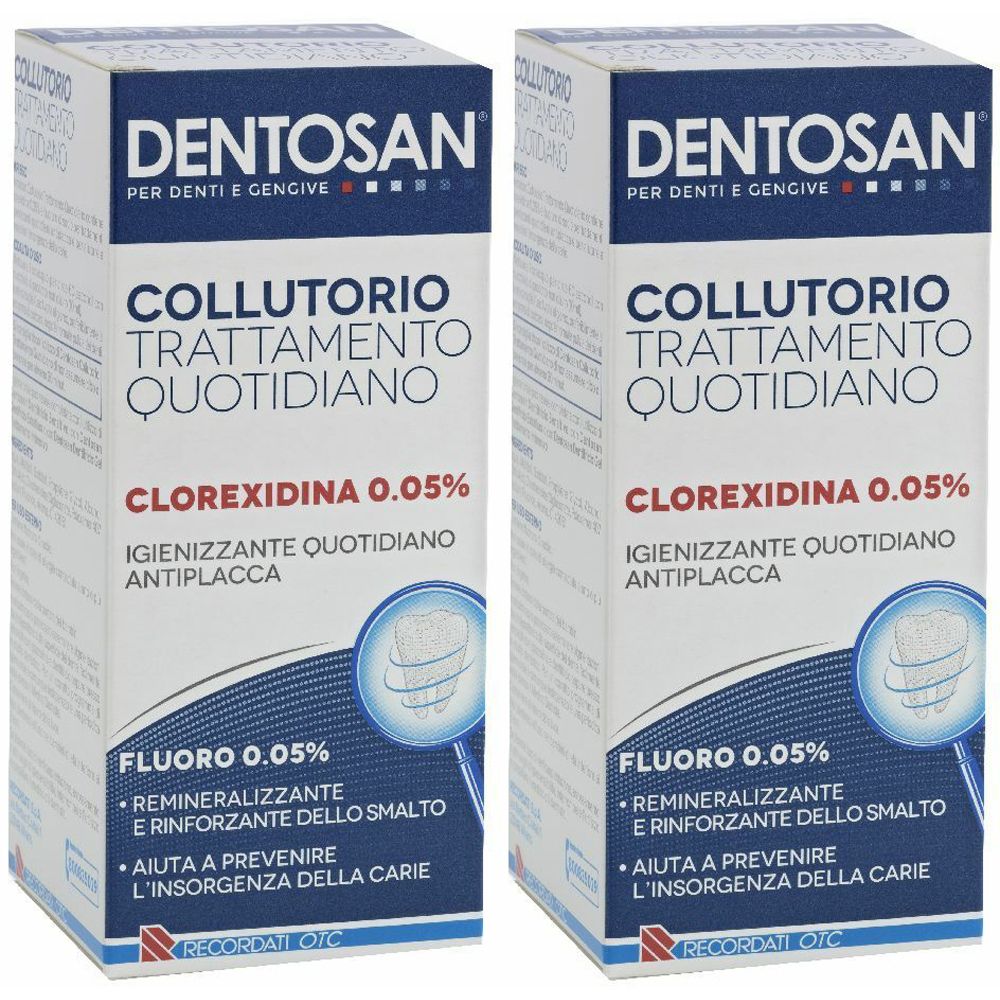 Due confezioni di collutorio DENTOSAN. Scritta: COLLUTORIO TRATTAMENTO QUOTIDIANO, CLOREXIDINA 0,05%.