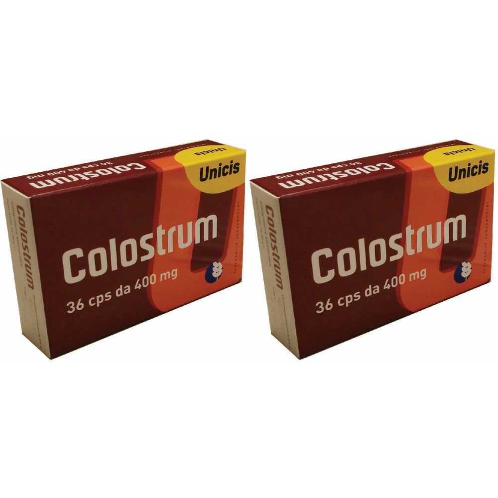 Due scatole rettangolari con la scritta "Colostrum", "36 cps da 400 mg" e "Unicis".