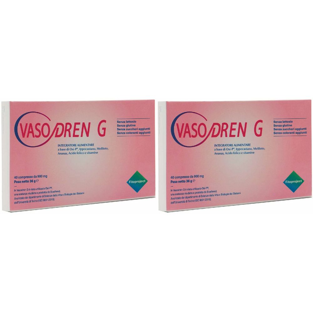 Due confezioni VASO DREN G. Confezione rosa e bianca con informazioni sul prodotto e logo.
