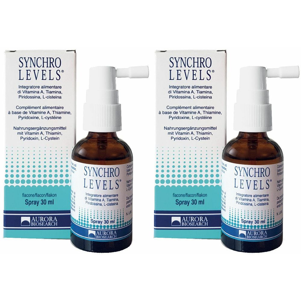 Due flaconi spray e scatole. Scritta: SYNCHRO LEVELS, integratore alimentare. Flaconi in vetro marrone, vaporizzatori bianchi.