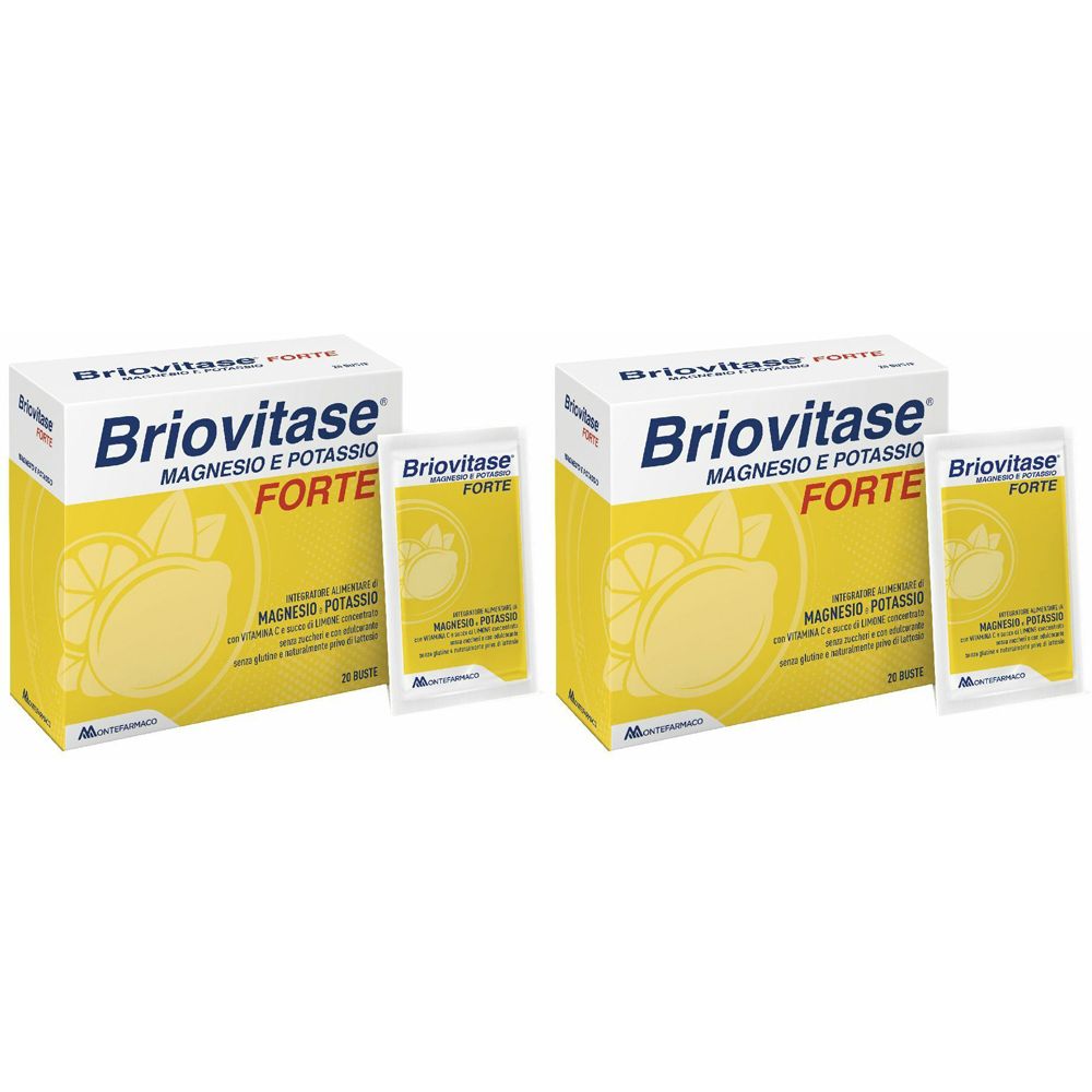 Due confezioni di Briovitase Forte. Su sfondo giallo, nome prodotto e ingredienti in italiano.