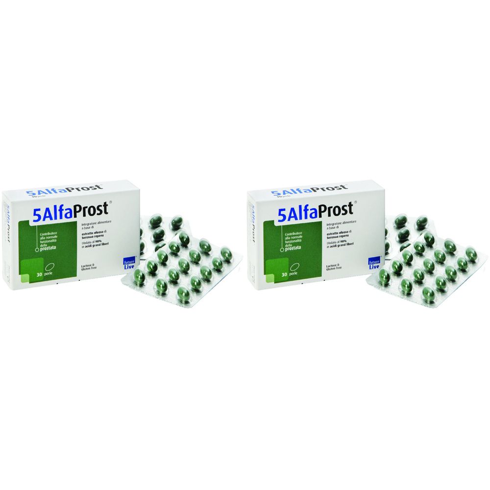 Due confezioni di 5AlfaProst con blister di capsule verdi. La confezione mostra informazioni sul prodotto e il logo.