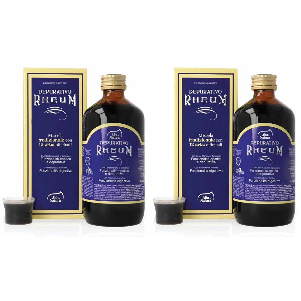 Due bottiglie e due scatole con etichette del prodotto. Scritta: Depurativo Rheum. Due piccoli bicchieri.