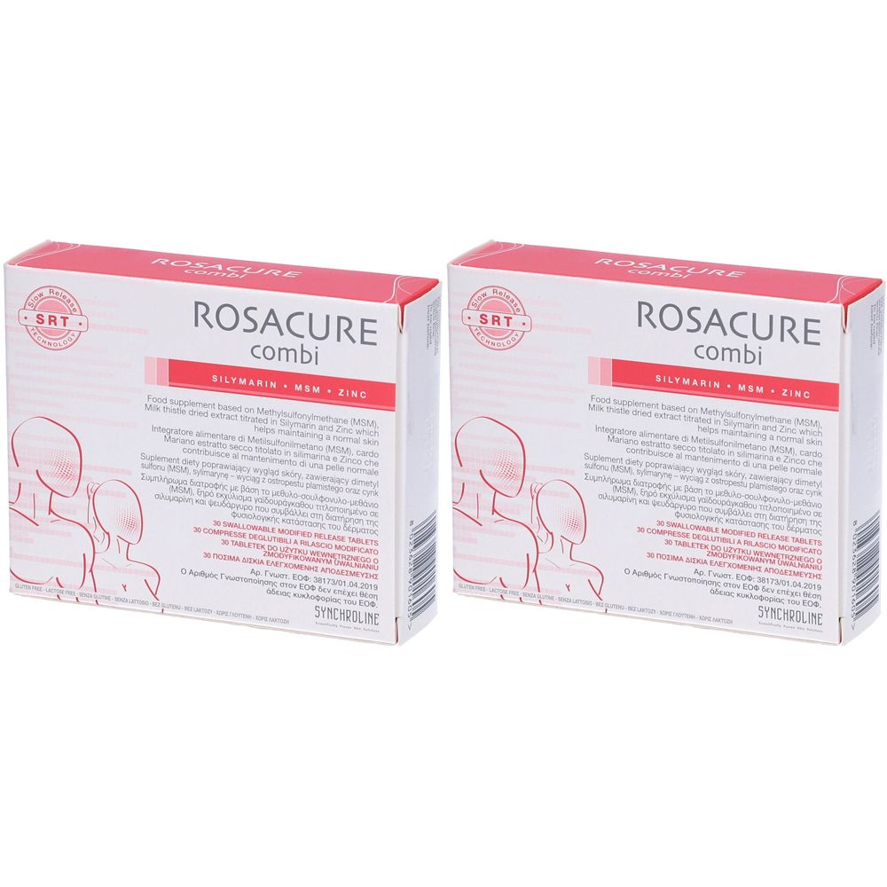 Due confezioni di ROSACURE Combi. Scatole bianche con testo rosso. Scritto: SILIMARIN + MSM + ZINC. Con illustrazione di persone.