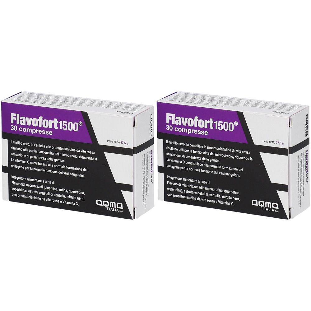 Due scatole di Flavofort 1500, 30 compresse. Confezione viola e bianca con testo in italiano.
