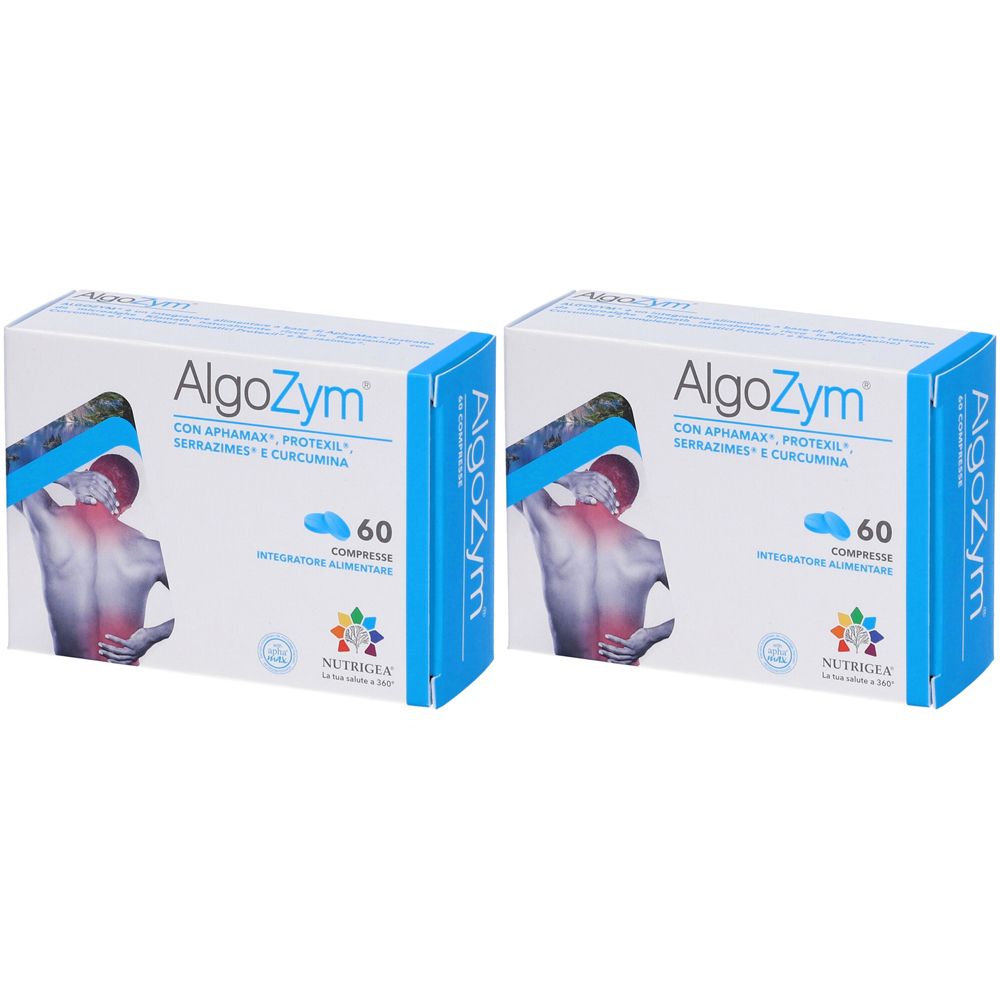 Due scatole AlgoZym. Scritta: AlgoZym, 60 compresse, NUTRIGEA. Illustrazione di una persona con dolore al collo e alle spalle.