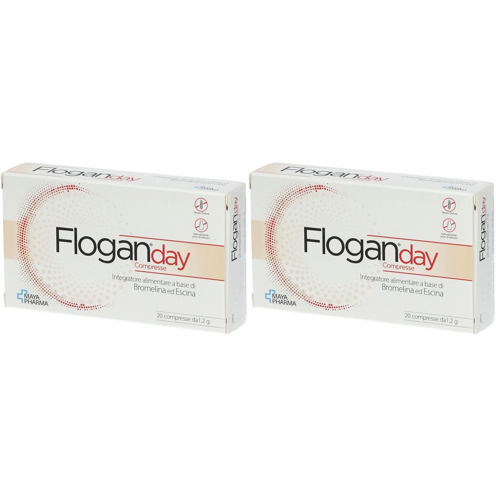 Due scatole di "Floganday Compresse". Confezione bianca con cerchio rosso e testo. Marchio: Quick Pharma.