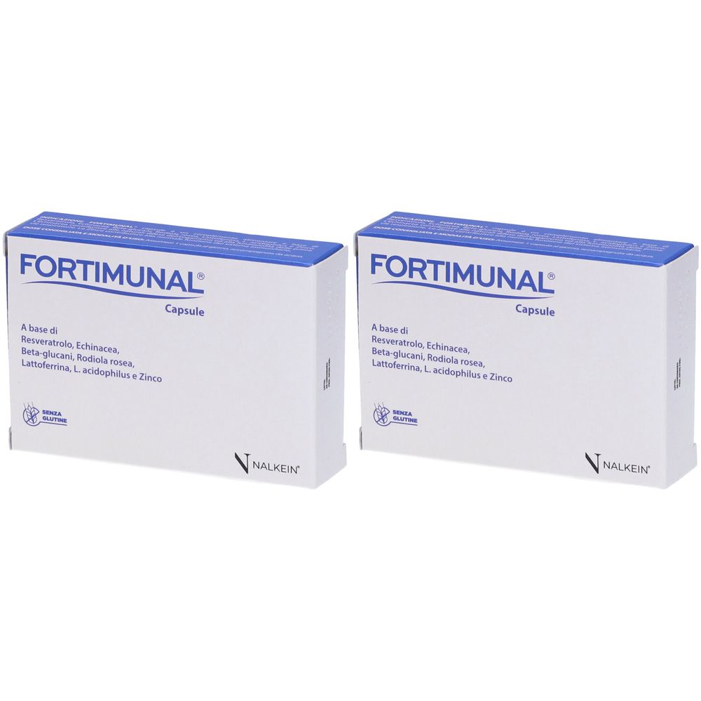 Due scatole bianche con parte superiore blu. Scritta: FORTIMUNAL Capsule. Sotto, ingredienti. Marchio: NALKEIN.
