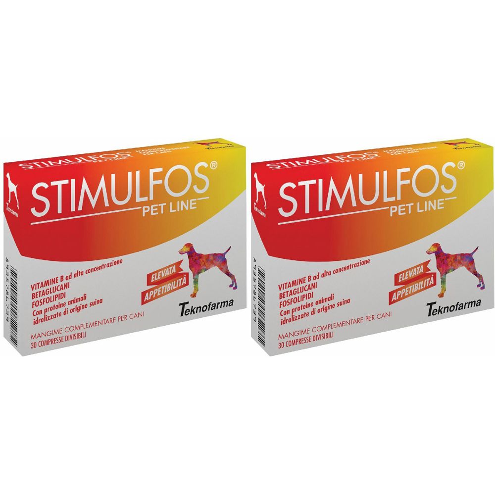 Due confezioni "STIMULFOS PET LINE". Testo e illustrazione di cane. Visibili "ELEVATA APPETIBILITA" e "Teknofarma".