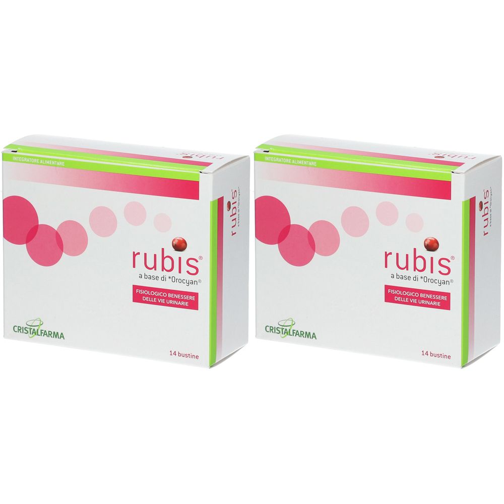 Due scatole bianche con dettagli rosa e verdi. Ogni scatola presenta il marchio "rubis" e "CRISTALFARMA". Testo in italiano.