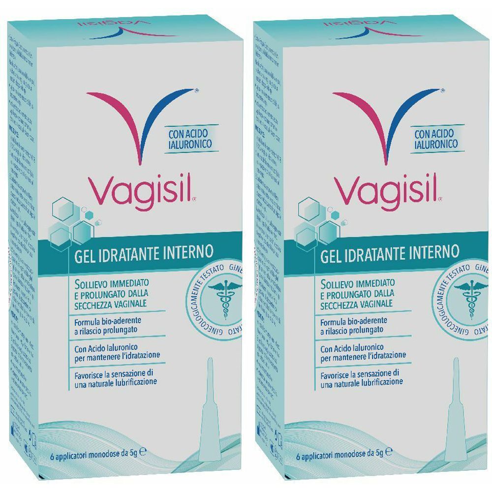 Due confezioni di gel Vagisil. Confezione blu e bianca con informazioni e logo. Contiene 6 applicatori monodose.