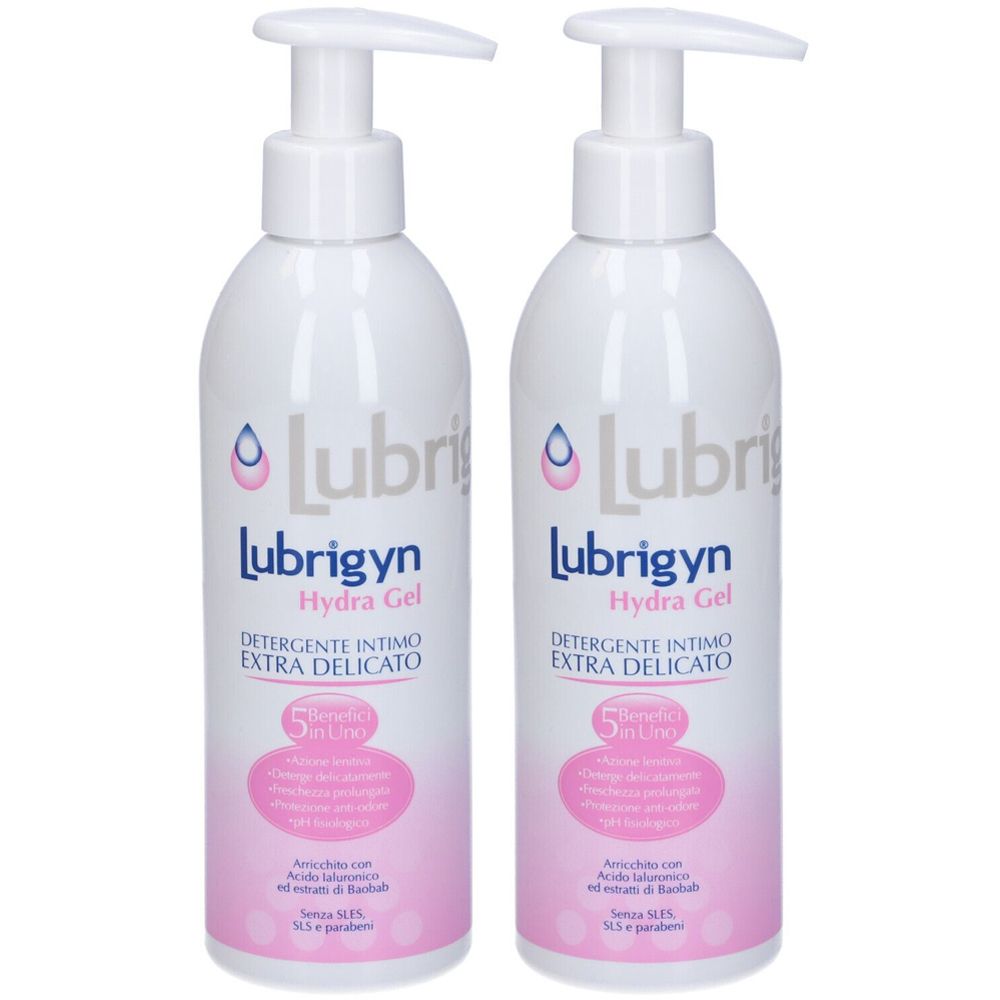 Due flaconi bianchi con dosatore a pompa. Scritta: Lubrigyn Hydra Gel, Detersivo Intimo Extra Delicato.