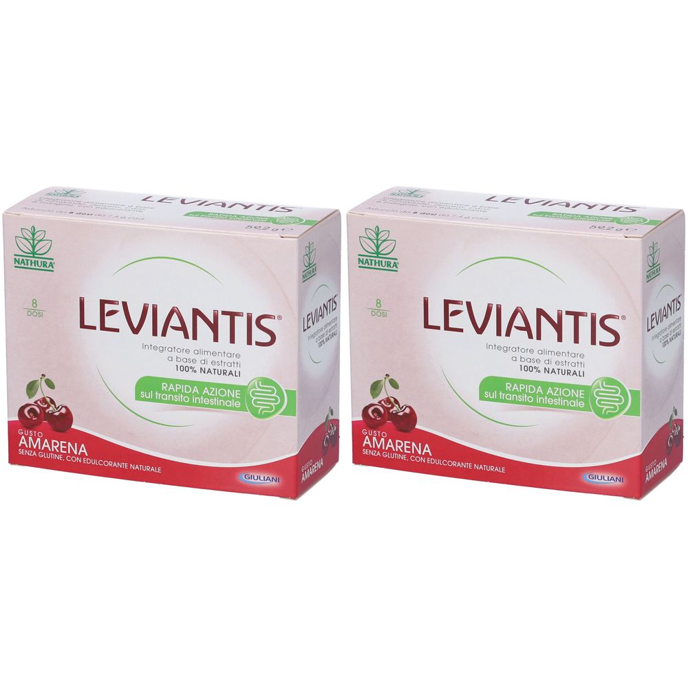 Due confezioni LEVIANTIS® Gusto Amarena. Scritta: Azione rapida sul transito intestinale, 100% naturale.
