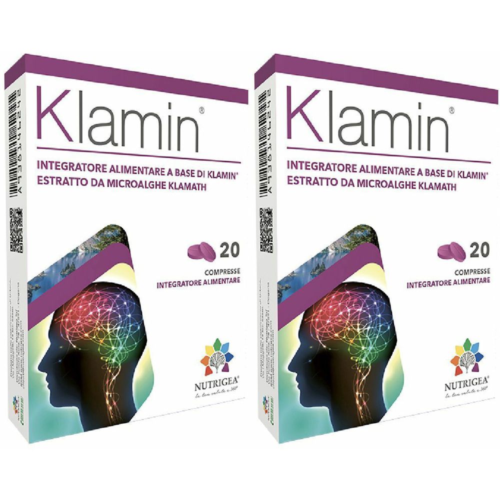 Due scatole "Klamin". Ogni scatola contiene 20 compresse. Scritta "NUTRIGEA".