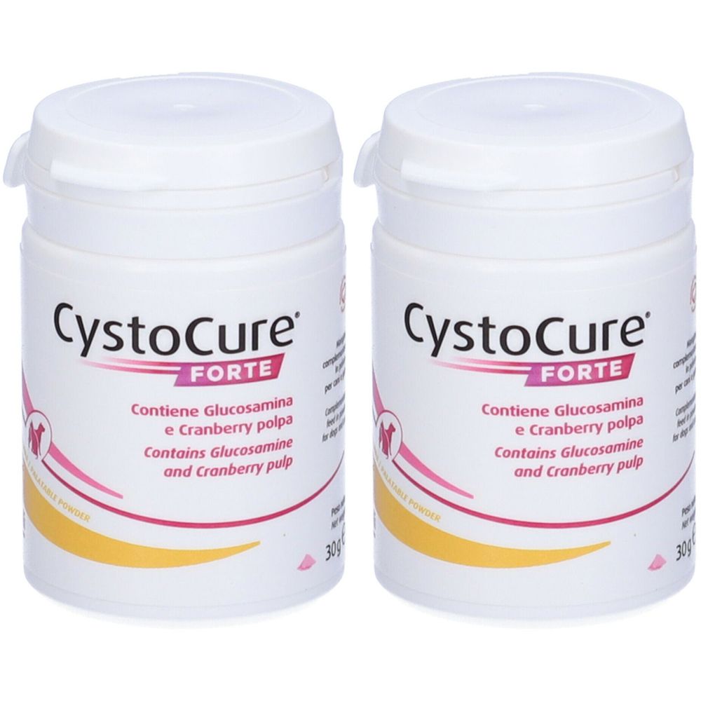 Due contenitori bianchi CystoCure Forte con coperchi. Scritta: CystoCure Forte, contiene glucosamina e polpa di mirtillo rosso. 30g.
