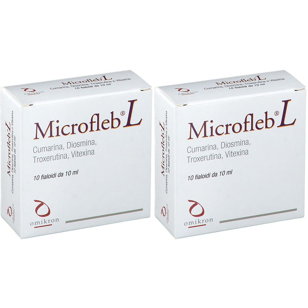Due scatole bianche Microfleb L. Scritta: Cumarina, Diosmina, Troxerutina, Vitexina. 10 fiale da 10 ml.