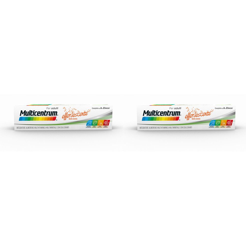 Due confezioni di Multicentrum Adulti Integratore Multivitaminico Effervescente. Confezione bianca con logo e testo colorati.