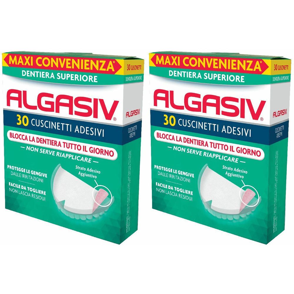 Due scatole verdi ALGASIV. Scritto: 30 cuscinetti adesivi. Blocca la dentiera tutto il giorno. Per dentiere superiori.