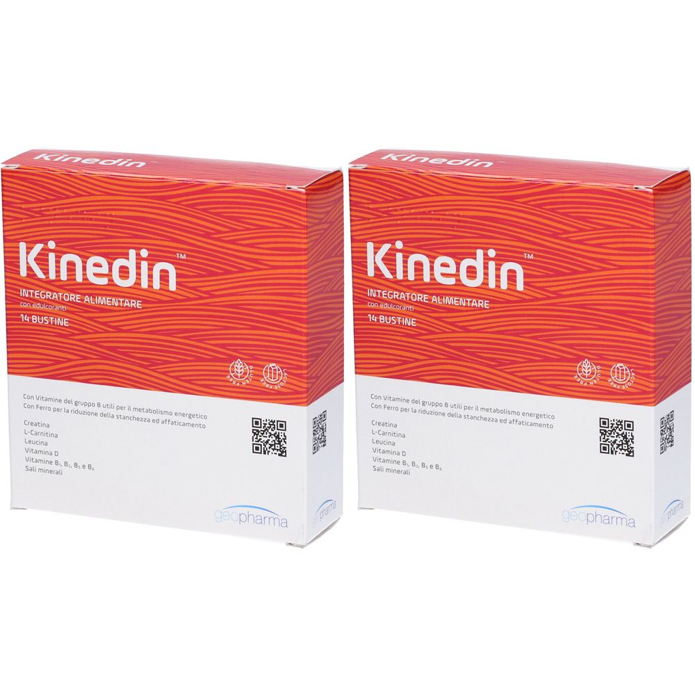 Due scatole con la scritta "Kinedin Integratore Alimentare". Confezione rossa e bianca con codici QR e informazioni sul prodotto.