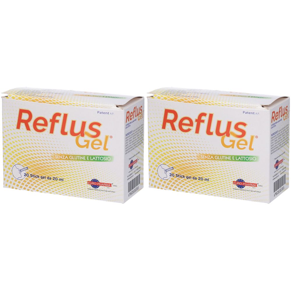 Due scatole di "Reflus Gel". Testo: "SENZA GLUTINE E LATTOSIO". Scritta: "20 stick gel da 20 ml".