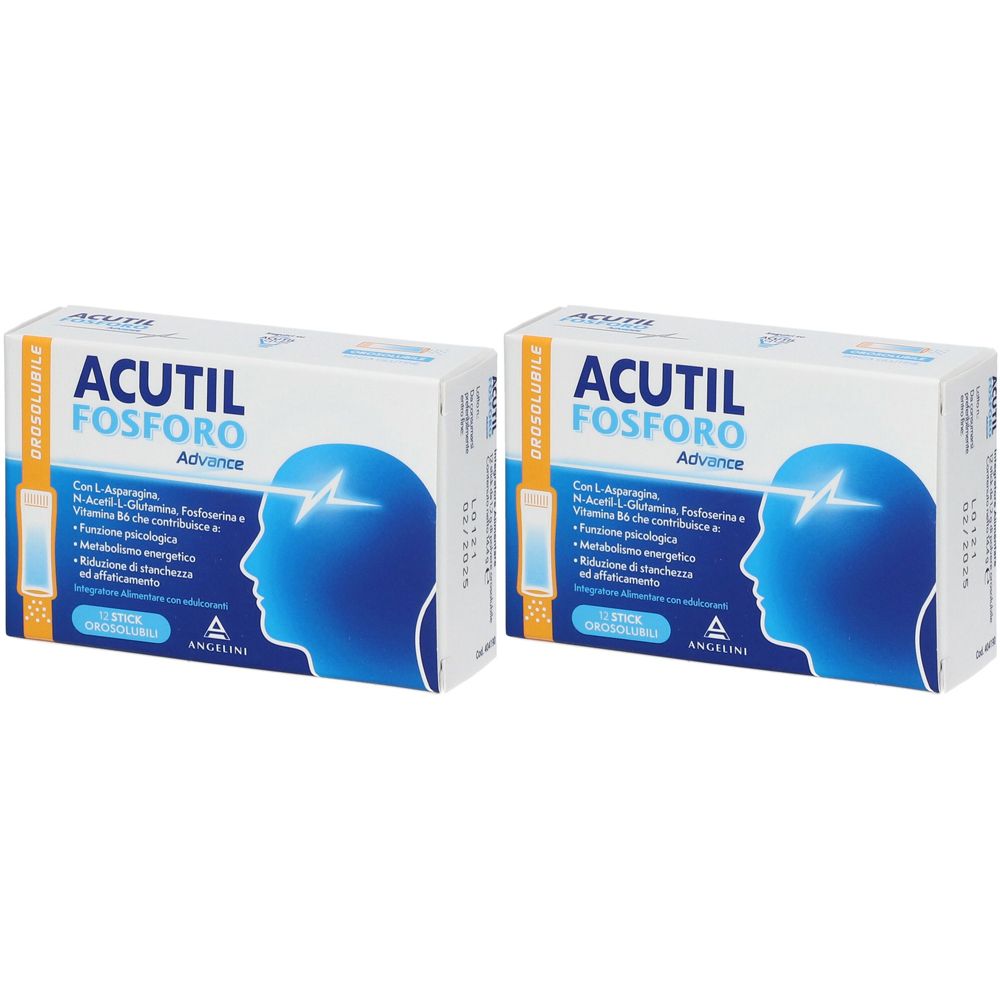 Due confezioni Acutil Fosforo Advance. Confezione bianca con grafica blu di una testa e fulmine. Testo in italiano.