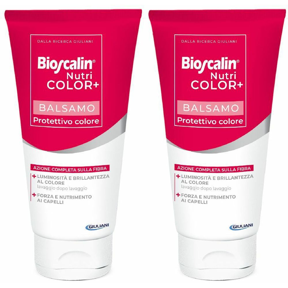 Due tubi di balsamo. Confezione rossa con testo bianco. Scritto: Bioscalin Nutri Color+ Balsamo Protettivo colore.