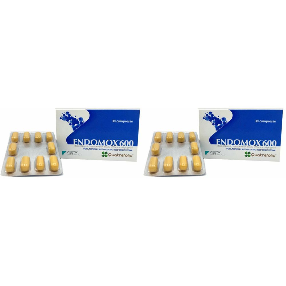 Due confezioni di compresse e scatole. Sulle scatole "ENDOMOX 600". Compresse in blister.
