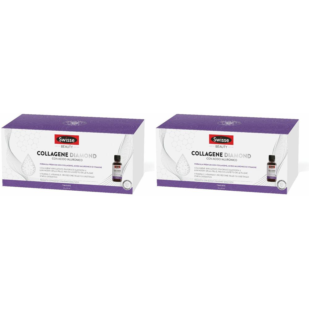 Due confezioni di Swisse Collagene Diamond. Scritte e flaconi visibili. Confezione viola e bianca.