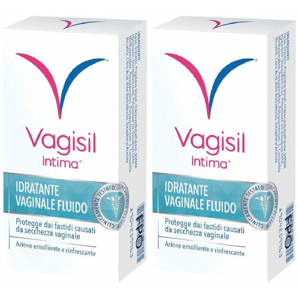 Due confezioni bianche di Vagisil Intima. Scritto: Idratante Vaginle Fluido. Protegge dalla secchezza vaginale. Confezione.