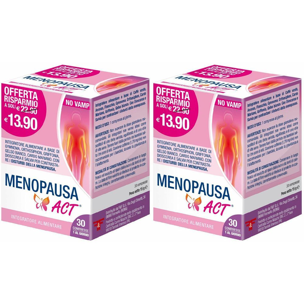Due scatole rosa "Menopausa Act". Ogni scatola indica "30 Compresse". Offerta speciale visibile.