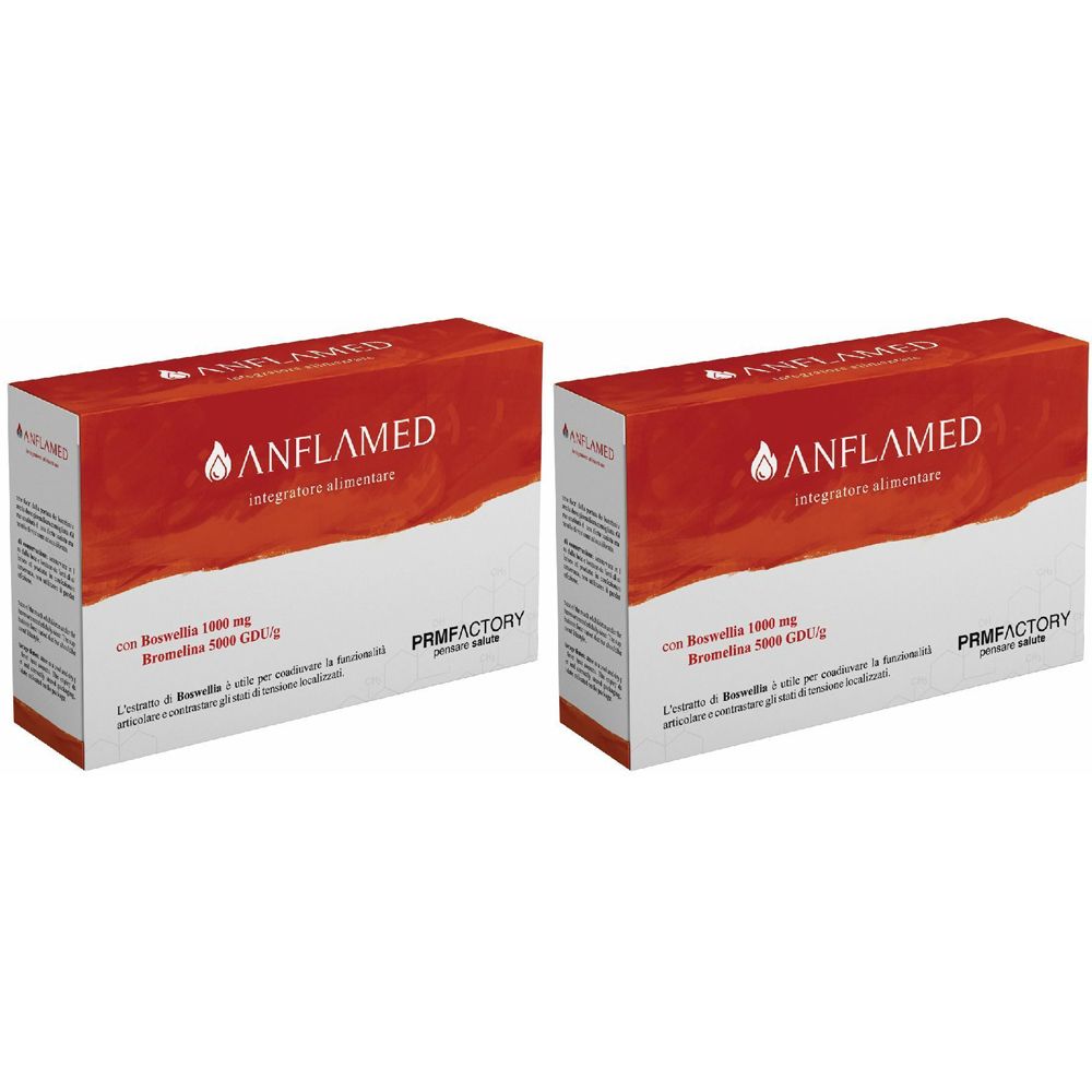 Due scatole rettangolari. Scritta ANFLAMED, integratore alimentare. Contiene Boswellia 1000 mg e Bromelina 500 GDU/G.