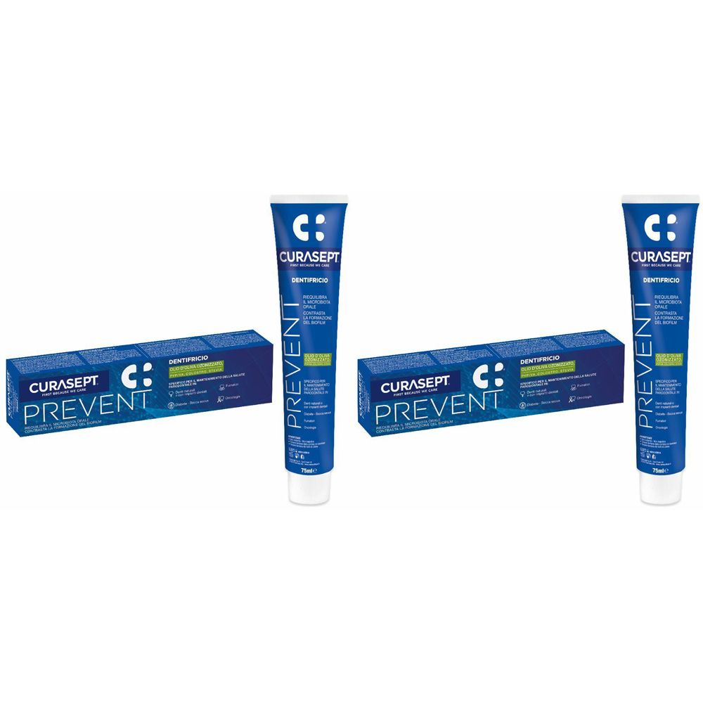 Tubi e scatole di dentifricio blu. Tubi con testo bianco. Scatole con nome del prodotto e logo.