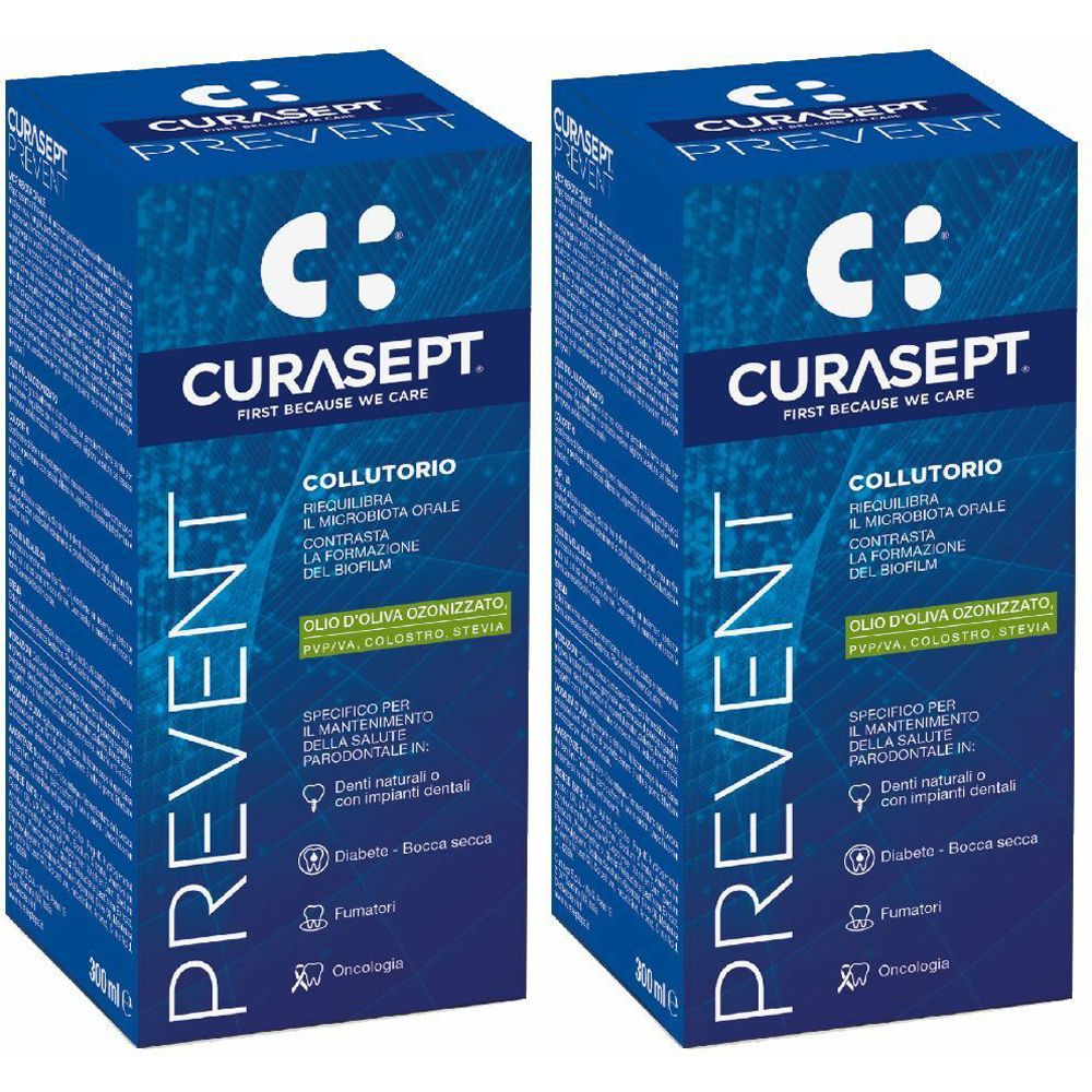 Due scatole blu con testo bianco. Scritta: CURASEPT PREVENT, COLLUTORIO. Contiene olio d'oliva, stevia e colostro.