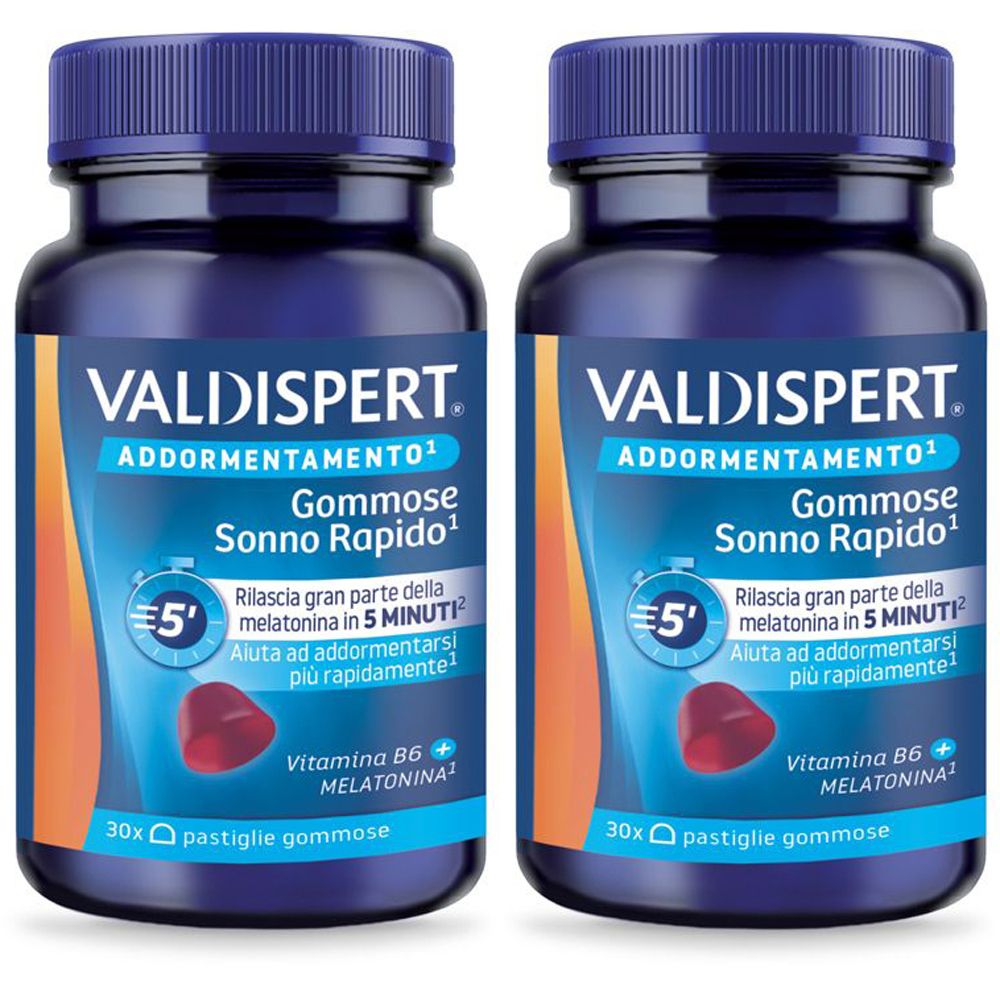 Due flaconi blu VALDISPERT. Scritta: Gommose Sonno Rapido. Contiene 30 caramelle gommose. Con vitamina B6 e melatonina.
