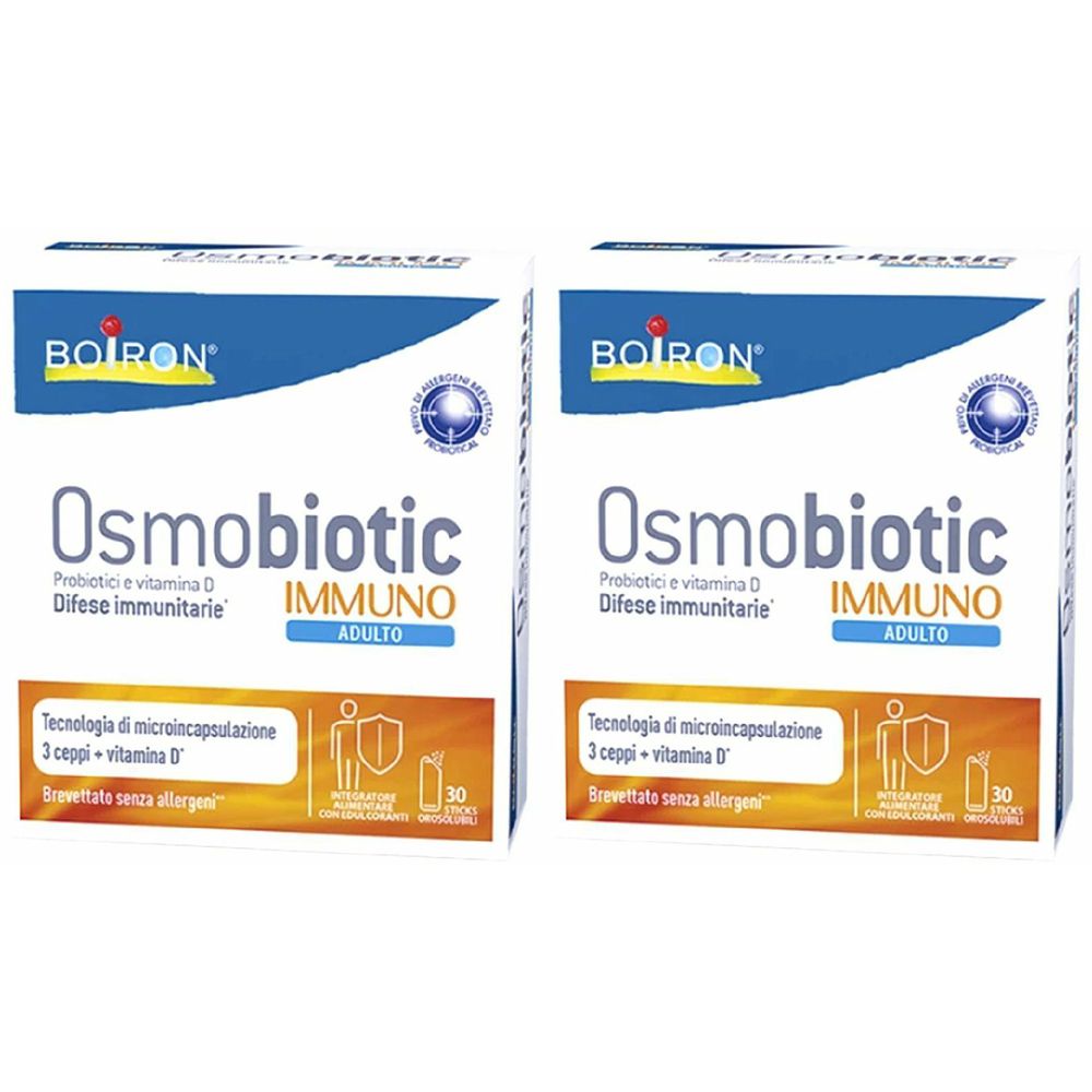 Due confezioni di Osmobiotic Immuno Adulto. Confezione blu e bianca con testo e logo. Contiene 30 unità.