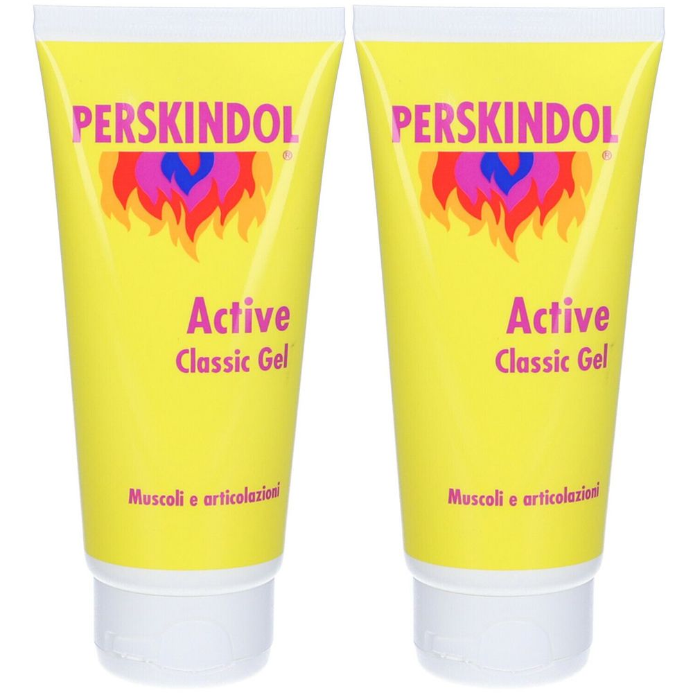 Due tubi gialli con la scritta "PERSKINDOL Active Classic Gel". Scritta "Muscoli e articolazioni".