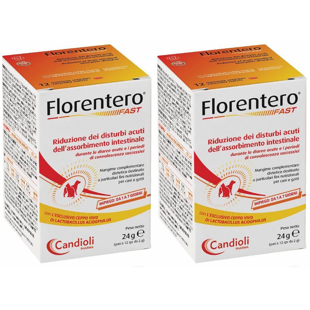 Due confezioni Florentero Fast. Testo: Riduzione disturbi acuti assorbimento intestinale. Marchio Candioli. Peso netto 24g.