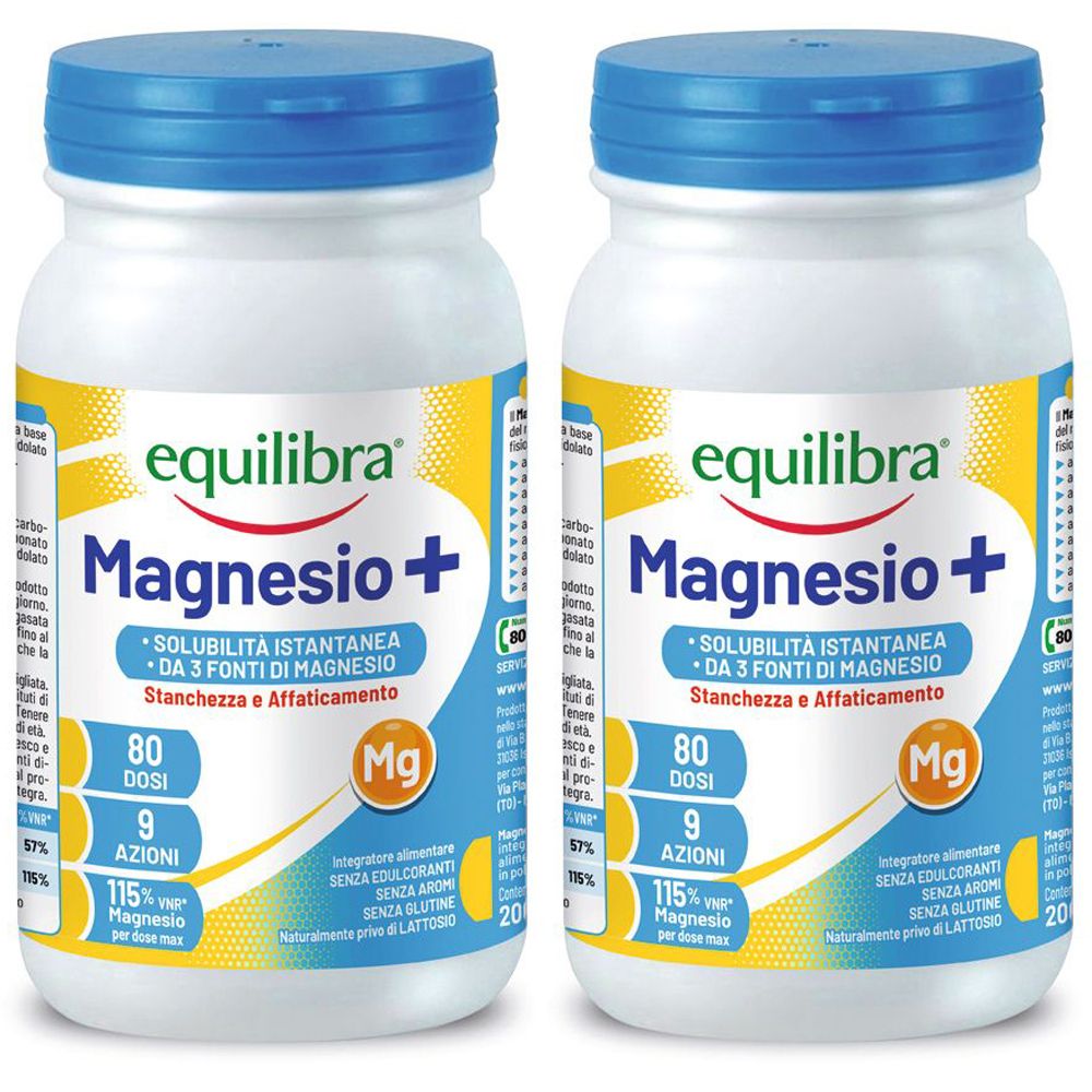 Due flaconi bianchi con tappi blu. Scritta: Equilibra Magnesio+. Contiene 80 dosi, 9 azioni, 115% magnesio.