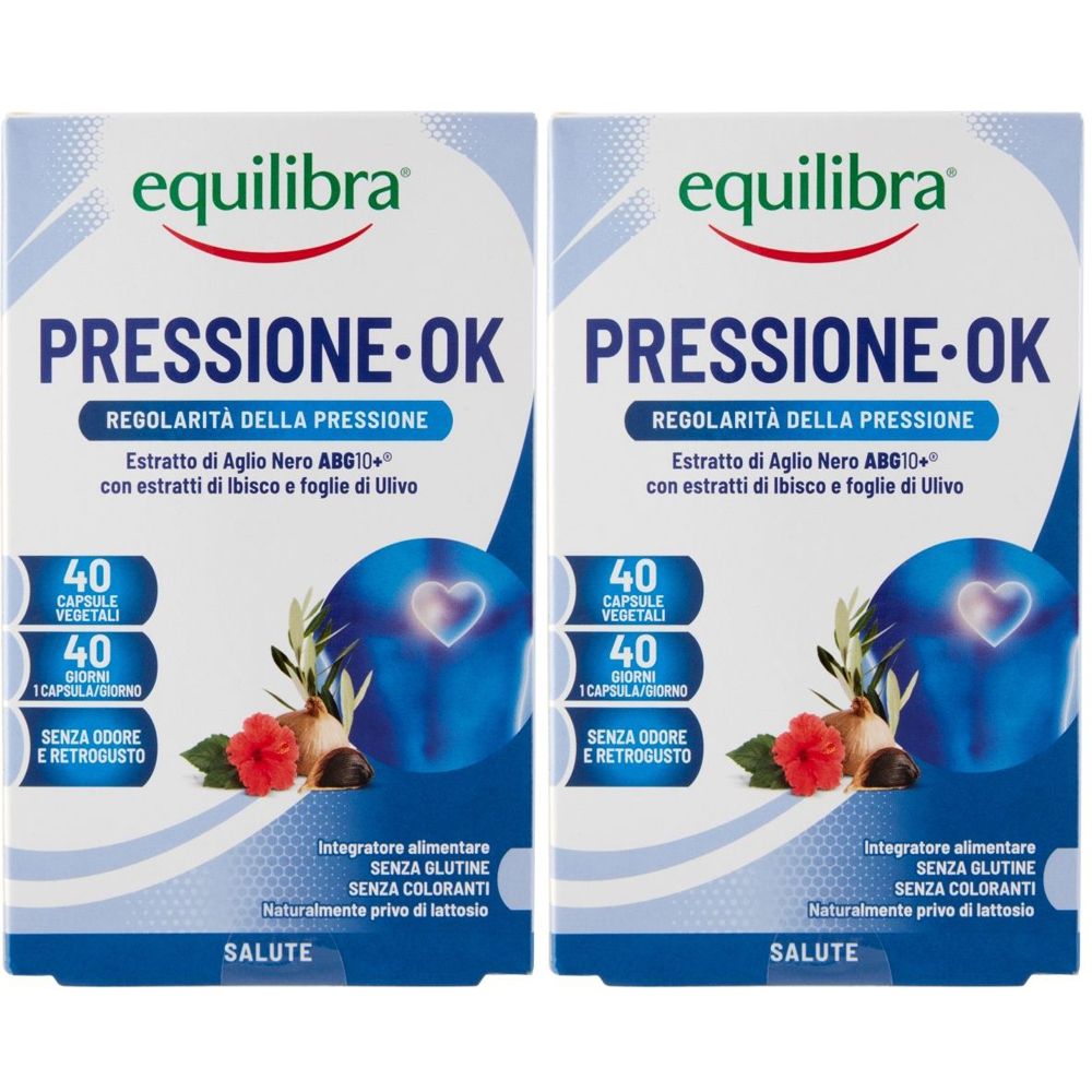 Due confezioni di Equilibra Pressione OK. Scritta: Regolarità della Pressione. Contiene 40 capsule, senza odore e retrogusto.