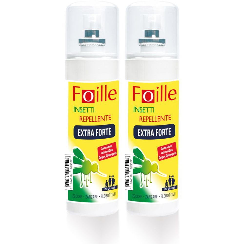 Due flaconi spray bianchi con etichetta gialla. Scritta: Foille Insetti Repellente Extra Forte. Con erogatore e tappo trasparente.