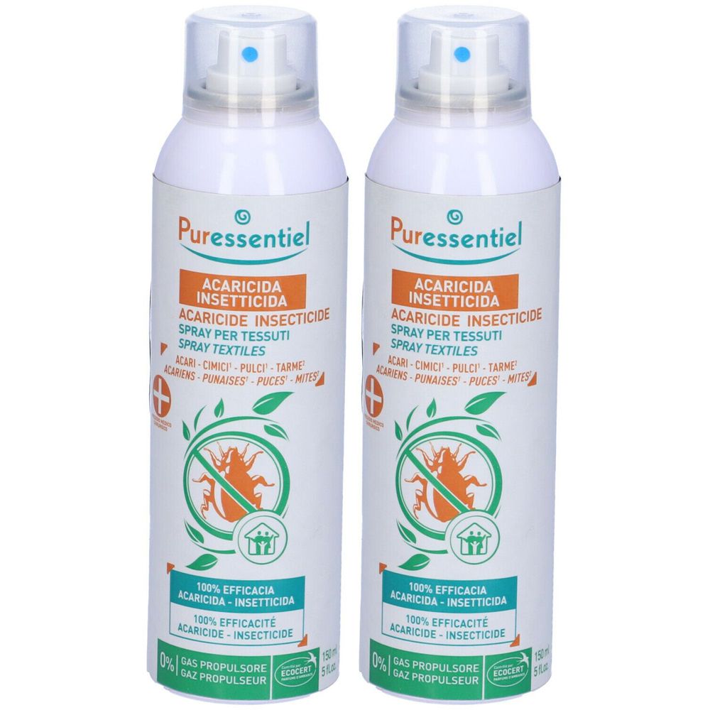 Due flaconi spray bianchi con testine blu. Scritta: Acaricida Insetticida, Spray Textiles. Marchio: Puressentiel.