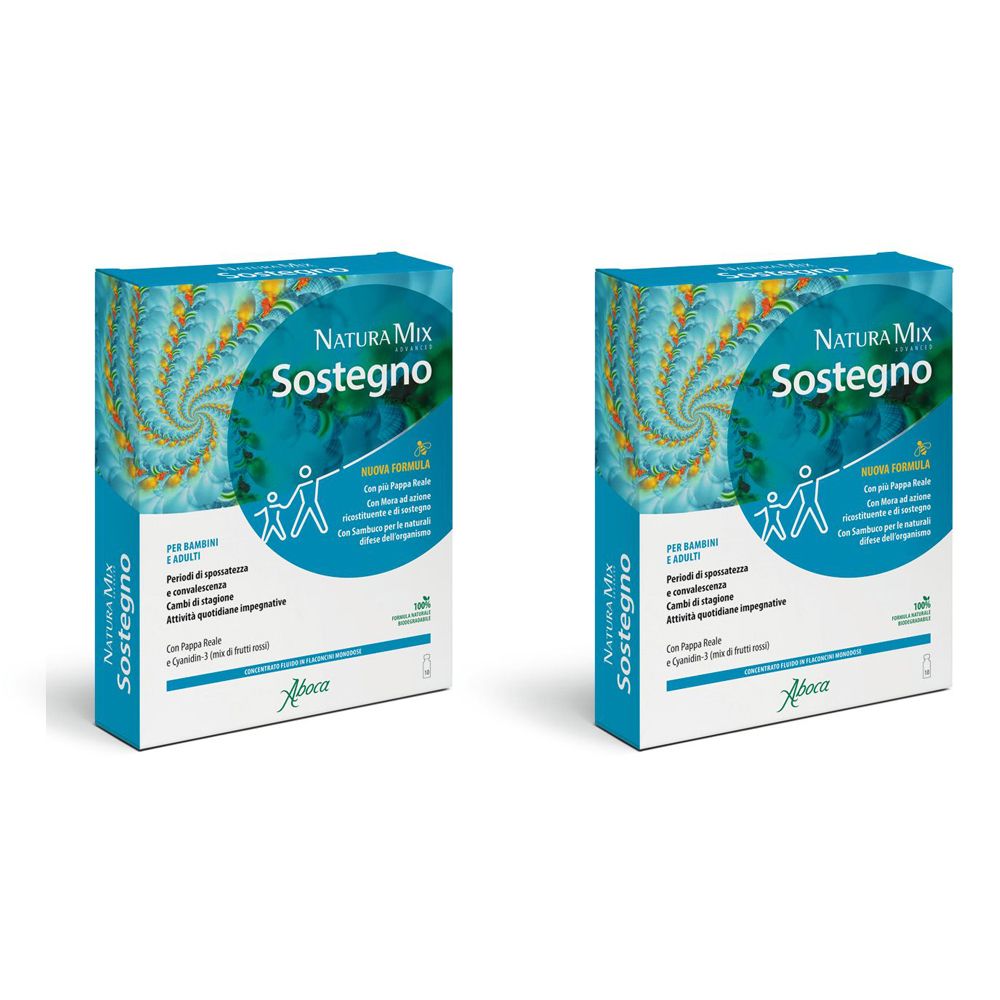 Due scatole blu con logo "NATURA MIX Sostegno". Testo in italiano. Logo Aboca.