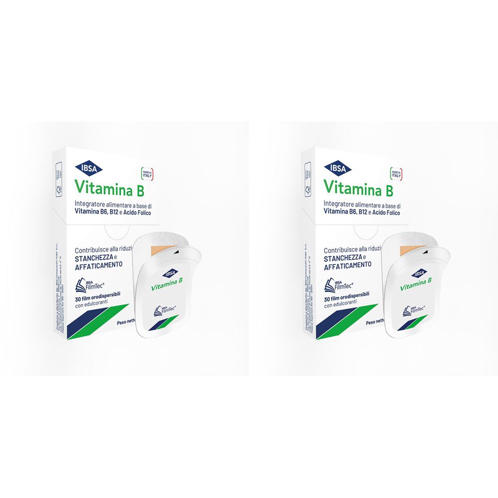 Due confezioni di Vitamina B. Scritta: IBSA, Vitamina B. Bustine singole con nome del prodotto. Testo: Contribuisce alla riduzione di stanchezza e affaticamento.