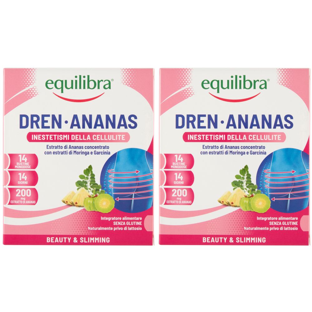 Due confezioni Equilibra DREN ANANAS. Confezione rosa con nome e dettagli del prodotto. Illustrazione di ananas e foglie.